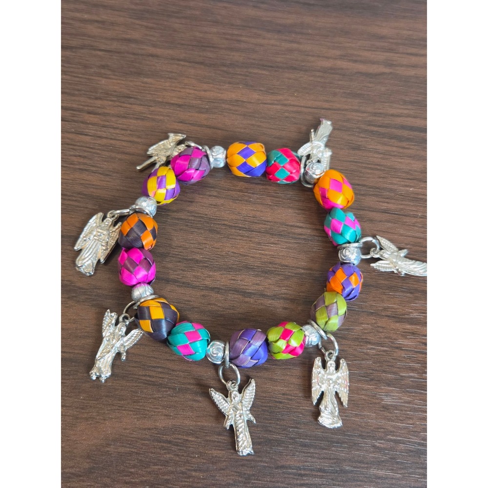 Multicolor Woven Straw Bead Archangel Charm Stretch Bracelet Silver Tone Angel